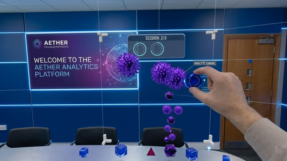 A mixed reality cell model pinched between finger and thumb in a real meeting room