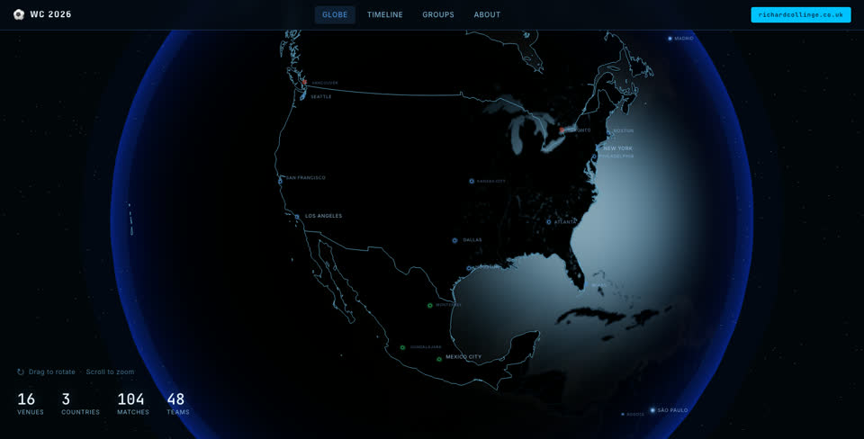 The interactive globe showing venue markers across North America