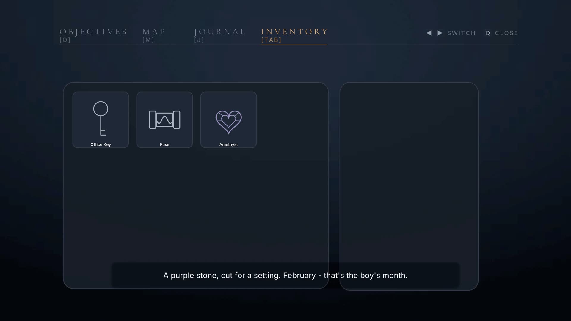 The inventory panel showing three collected items