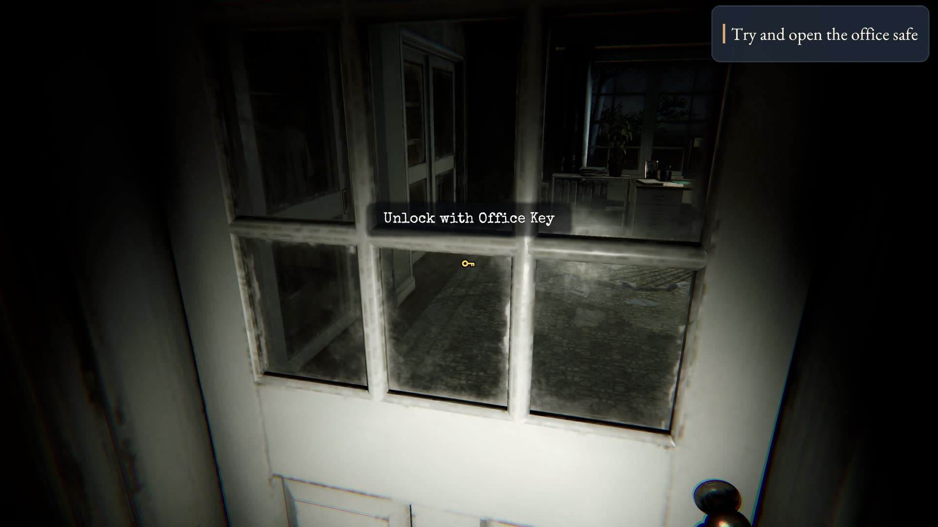 Hollowmere — A cold, moonlit landing outside the home office with the unlock prompt showing