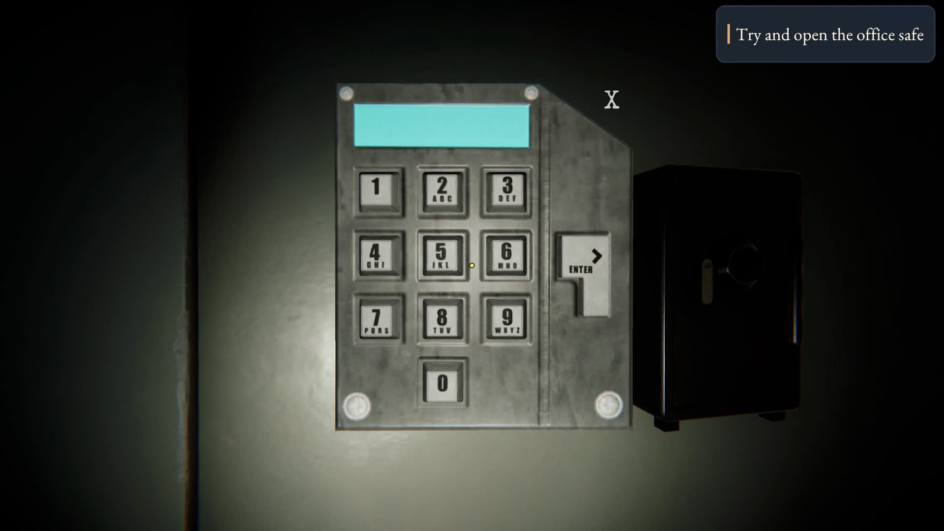 Hollowmere — The office safe keypad in close-up, its display lit cyan