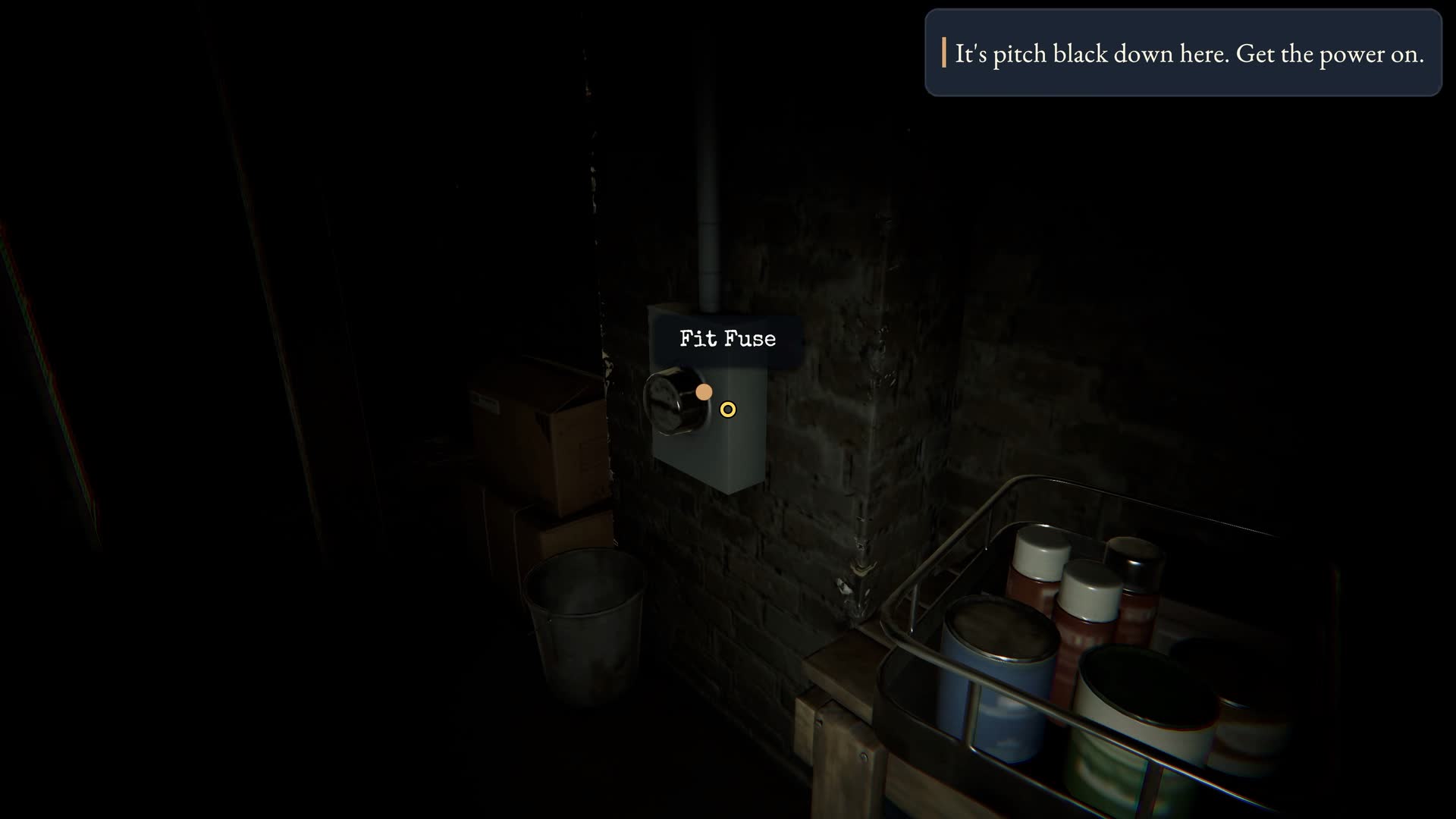 Hollowmere — The basement in near-darkness, the flashlight picking out a fuse box on a brick wall