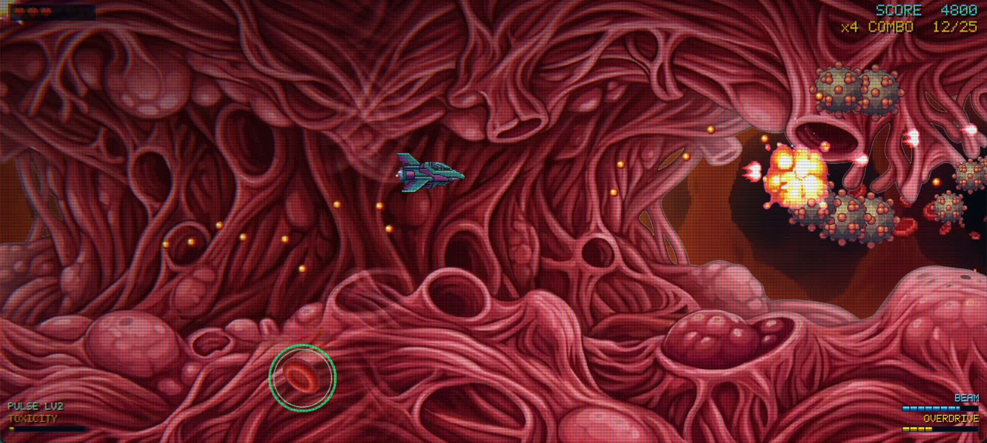 Nanobot Nautilus — mid-combat in the Capillary, pulse fire and an enemy detonating