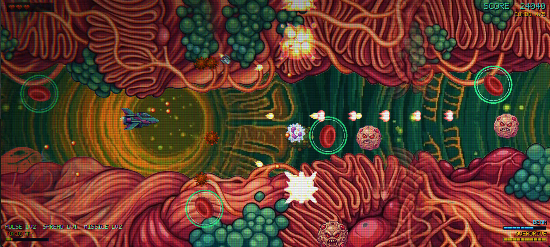 Nanobot Nautilus — the Aorta lit by an overdrive burst, missiles and spread fire