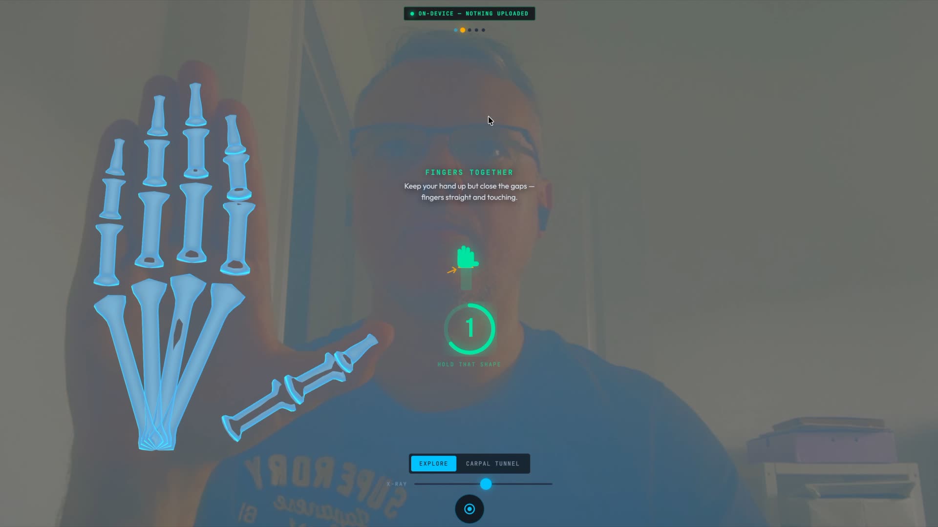 X-Ray Hand — an open palm held to the camera with its bones drawn inside it, the pose guide asking for fingers together and the hold countdown on one